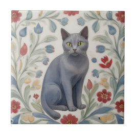 Grå blommor Katter - Grå Katt Färgglada Folkliga B Kakelplatta