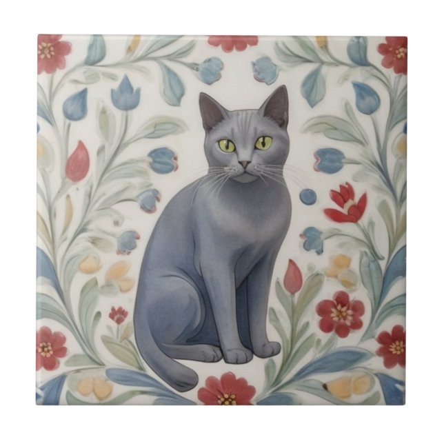Grå blommor Katter - Grå Katt Färgglada Folkliga B Kakelplatta (Framsidan)