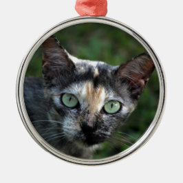 Grå Brun Vit Katt med Gröna Ögon Julgransprydnad Metall