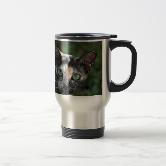 Grå Brun Vit Katt med Gröna Ögon Resemugg (Höger)