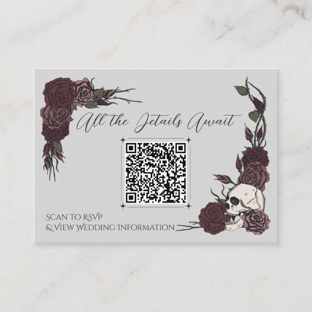 Grå & Burgunderröd Blommig Dödskalle Bröllops QR Tilläggskort (Framsida)