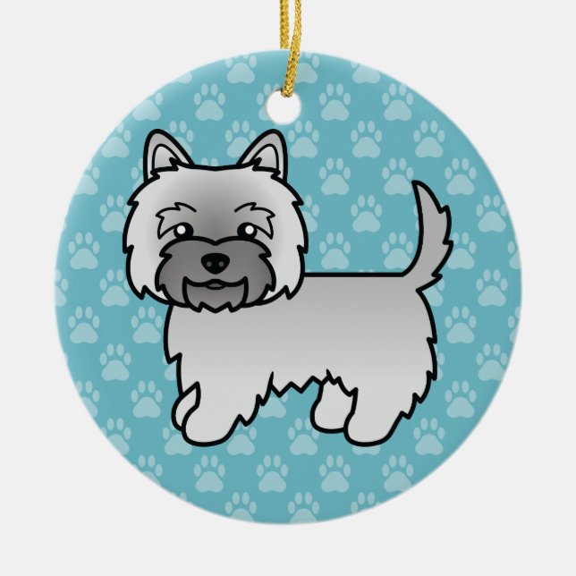 Grå Cairn Terrier Tecknad Hund Illustration Blå Julgransprydnad Keramik (Framsidan)