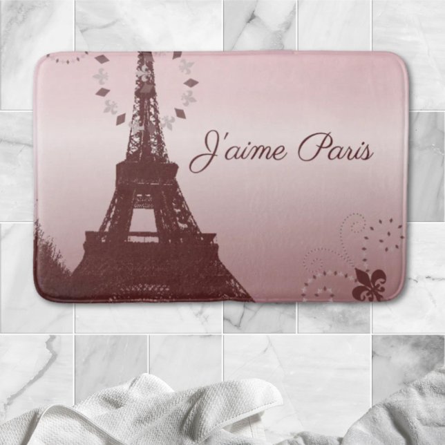 Grå chic retro mode rosa paris eiffel torn badrumsmatta (girly chic retro fashion pink paris eiffel tower bath mat)