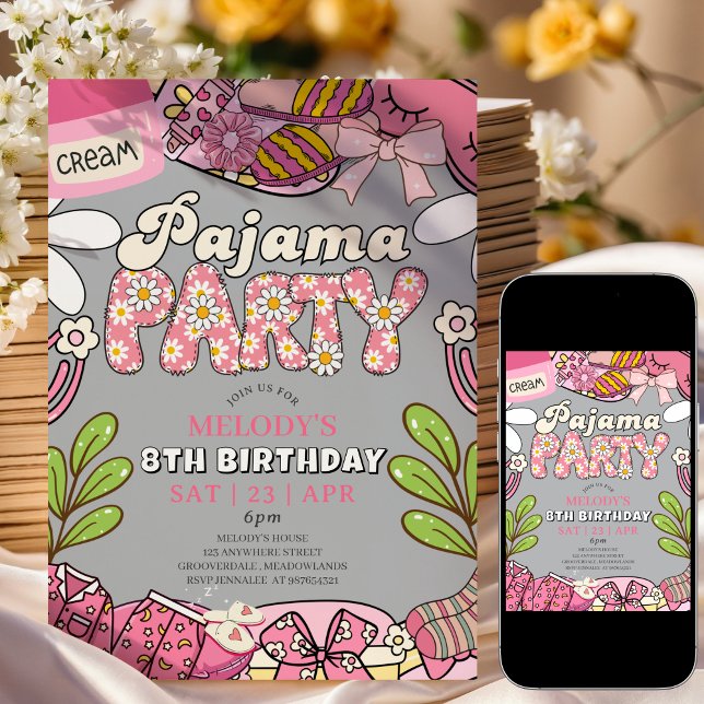 Grå Daisy Pyjamasparty Födelsedagsinbjudan Inbjudningar (Skapare uppladdad)