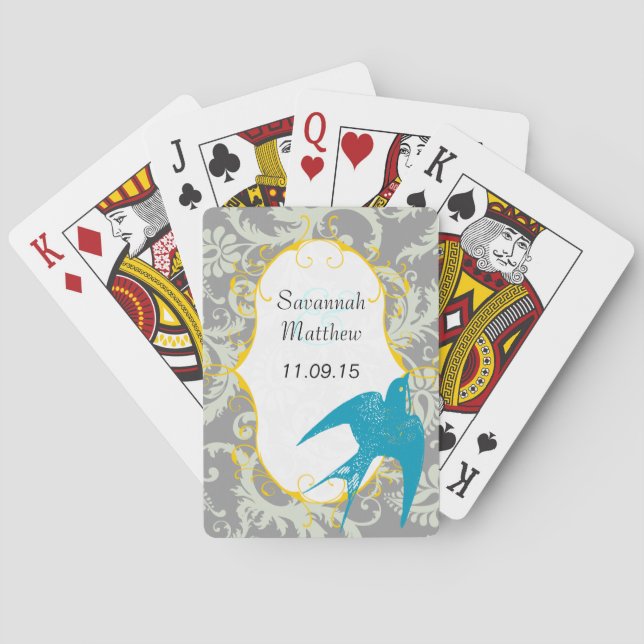 Grå Damask Turkos Sparrow Bröllop Lekkort Casinokort (Baksidan)