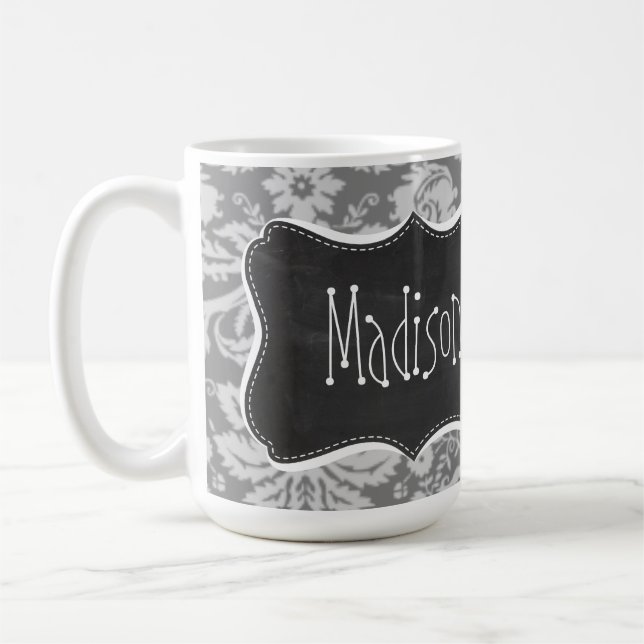 Grå damast för vintage; Svart tavlalook Kaffemugg (Vänster)
