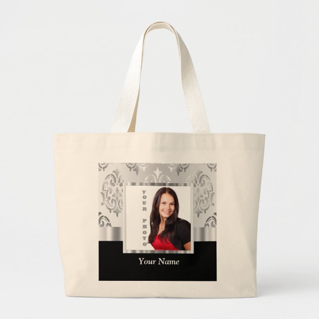 Grå damastast fotomall för silver jumbo tygkasse (Framsidan)