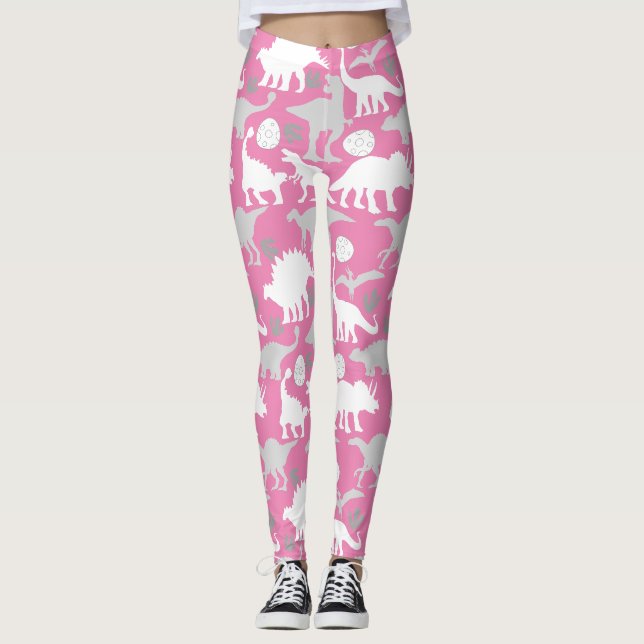 Grå Dinosaurie Mönster L Rosa Bakgrund Leggings (Framsida)