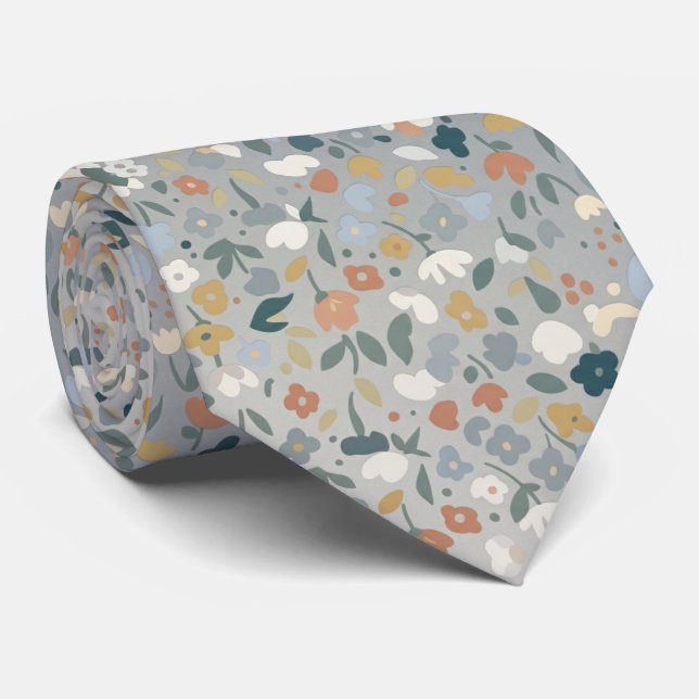 Grå Ditsy Blommig Mjuk Pastell Blommor Slips (Rullad)