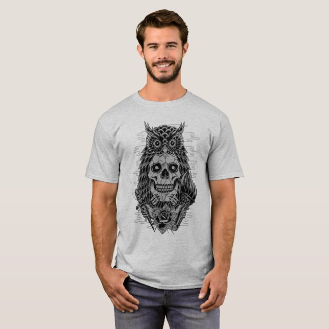 Grå Dödskalle Uggl tatuering Ros Tee Shirt (Hel framsida)