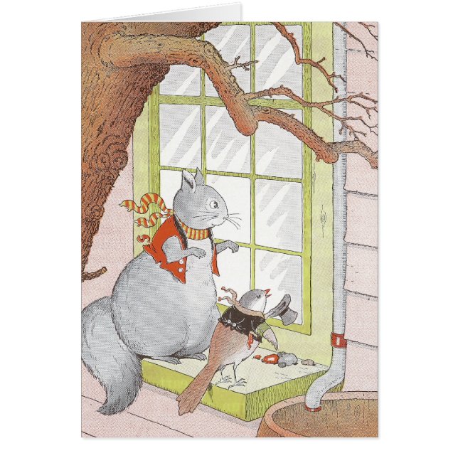 Grå ekorre & fågel som tittar i fönstret hälsningskort (Framsidan)