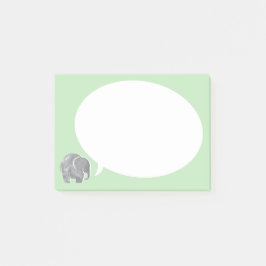 Grå elefant med pratbubbla på gräsgrön bakgrund post-it block