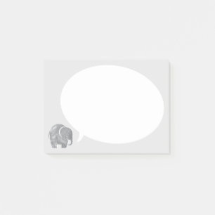 Grå elefant med pratbubbla på ljust grå post-it block