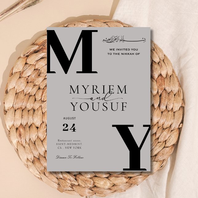 Grå elegant modern monogram Muslim bröllop i Inbjudningar (Skapare uppladdad)
