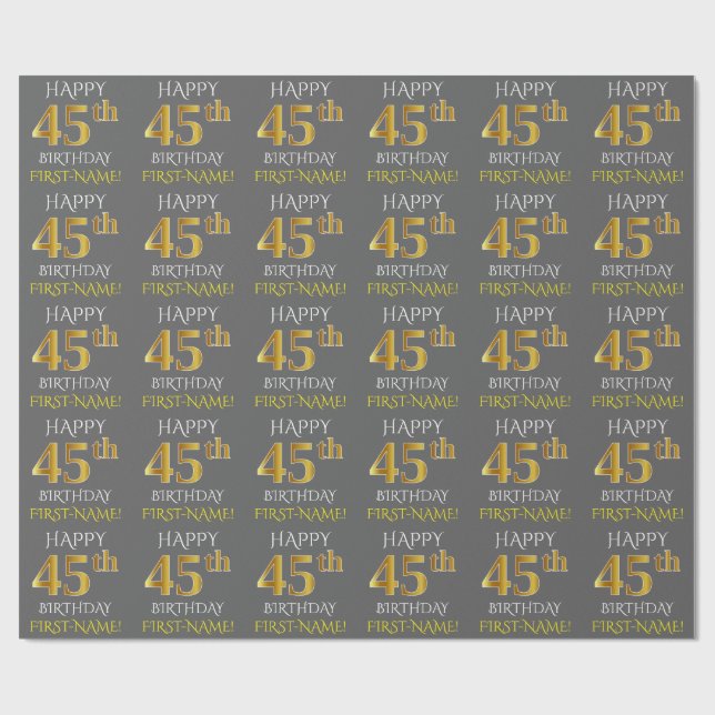 Grå, Falsk Guld "GLAD 45-ÅRSDAG" Presentpapper (Platt)