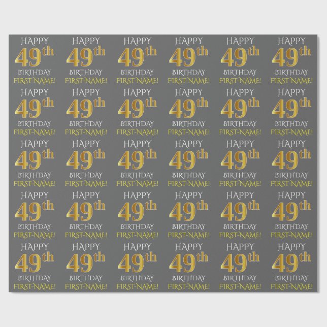 Grå, Falsk Guld "GRATTIS PÅ 49-ÅRSDAGEN" Presentpapper (Platt)