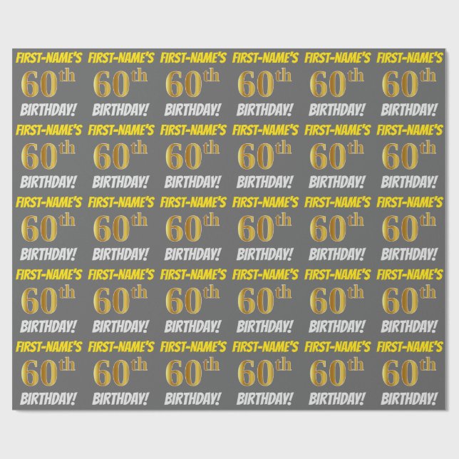 Grå, Falskt/Gimiterat Guld, "60-ÅRS FÖDELSEDAG" Presentpapper (Platt)