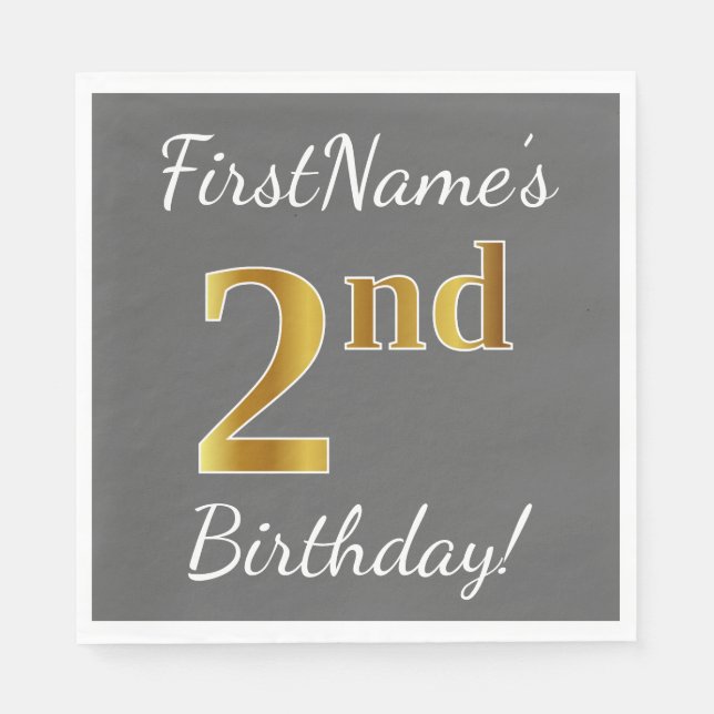 Grå, Falskt Guld 2-årsdag + Anpassat Namn Pappersservett (Framsidan)