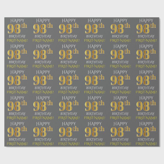 Grå, Falskt Guld "GRATTIS PÅ 98-ÅRSdagen" Presentpapper (Platt)