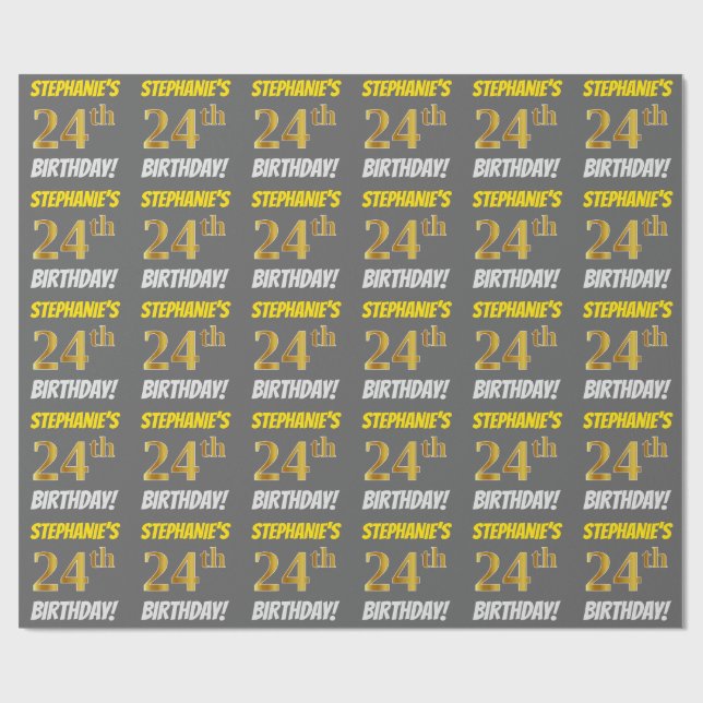 Grå, Falskt/Imiterat Guld, "24-ÅRS FÖDELSEDAG" Presentpapper (Platt)