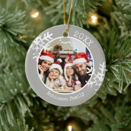 Grå familjefoto Snöflinga jul Julgransprydnad Keramik