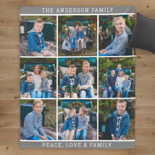 Grå familjefotokollage Fred kärlek Fleecefilt