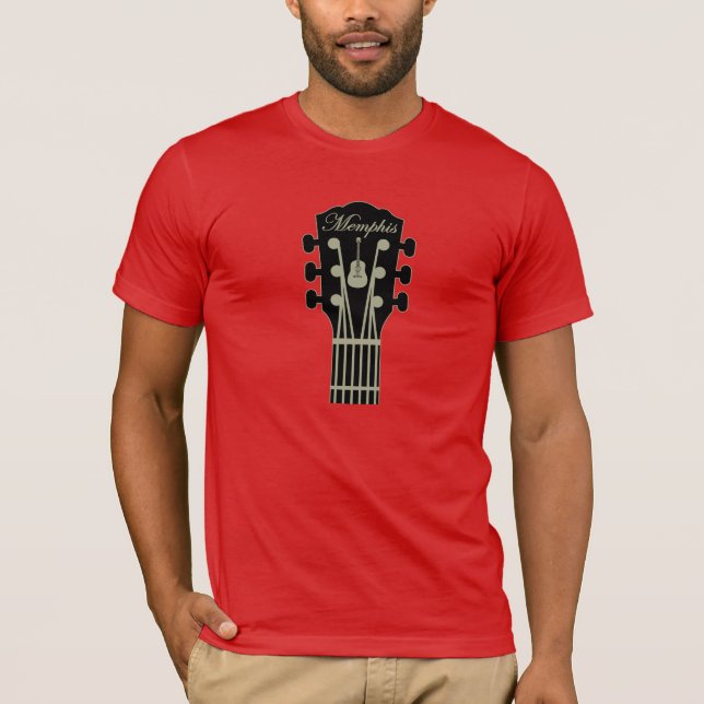Grå färg för Memphis gitarrsvart på rött T-shirt (Framsida)
