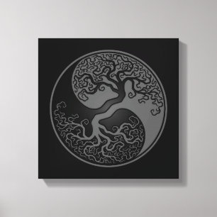Grå färg- och svartlivets träd Yin Yang Canvastryck