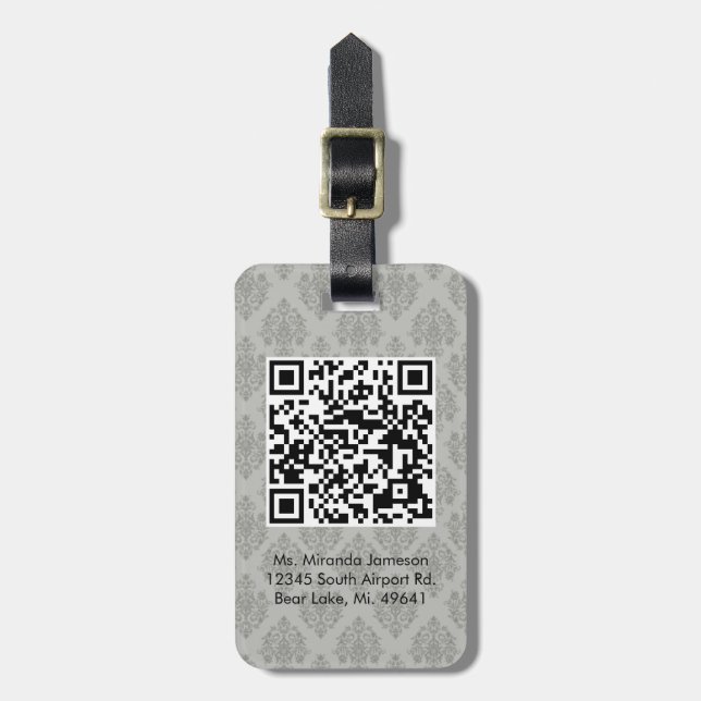 Grå färgdamast QR KODIFIERAR den beställnings- Bagagebricka (Vertikal Framsida)