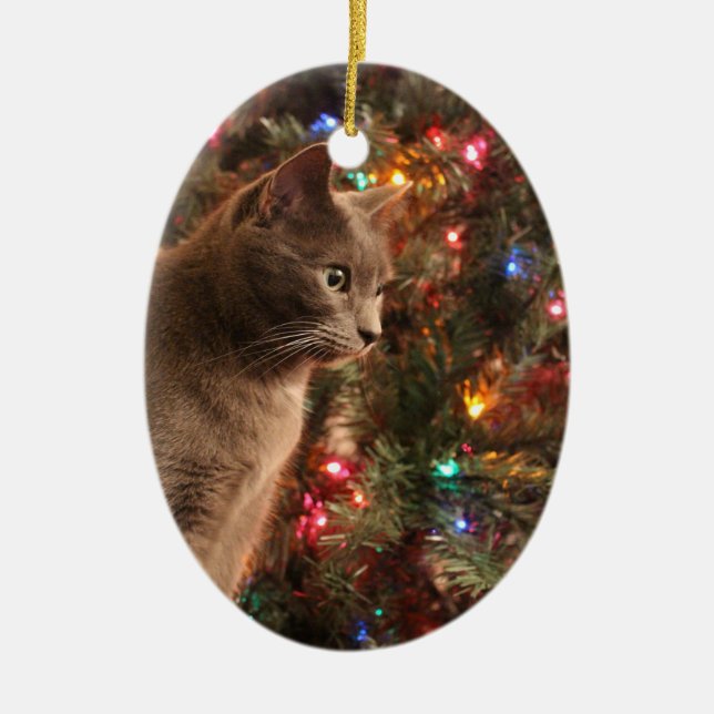 Grå färgkattprydnad julgransprydnad keramik (Framsidan)