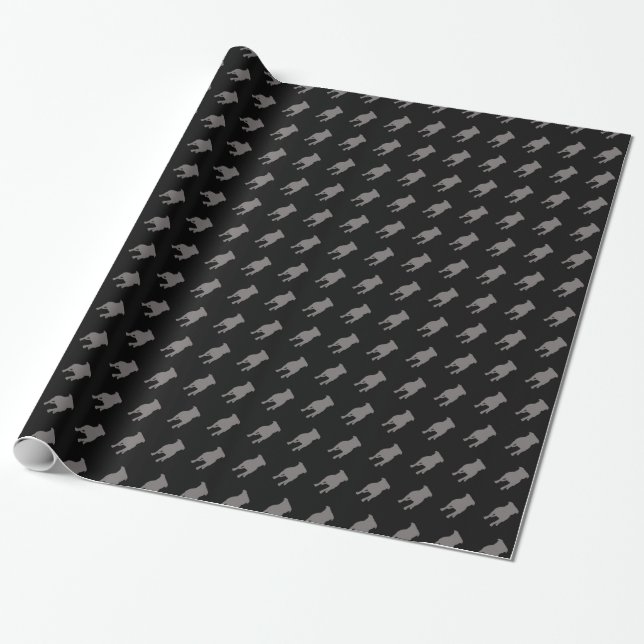 Grå färgmopsSilhouettes på svart bakgrund Presentpapper (Utrullad)