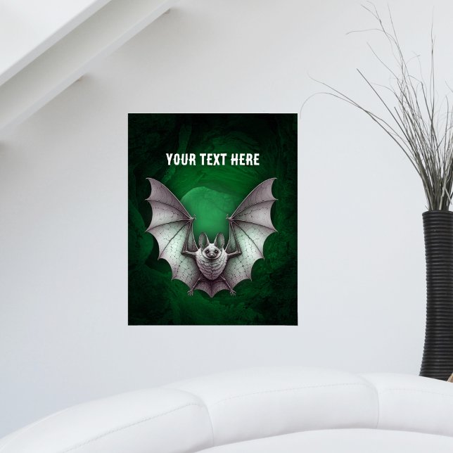 Grå fladdermusvingar sprider spöklik svart grön gr poster (Eerie flying grey bat glowing green black caves with trees on artwork poster.)