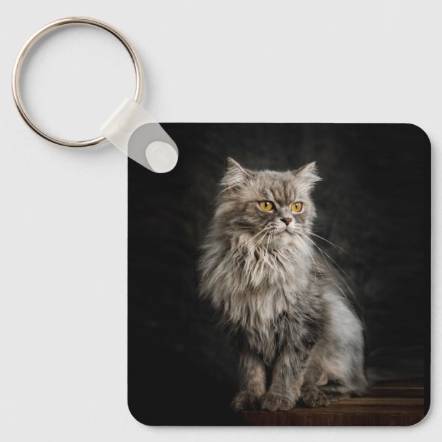Grå Fluffig Katt  Nyckelring (Framsida)