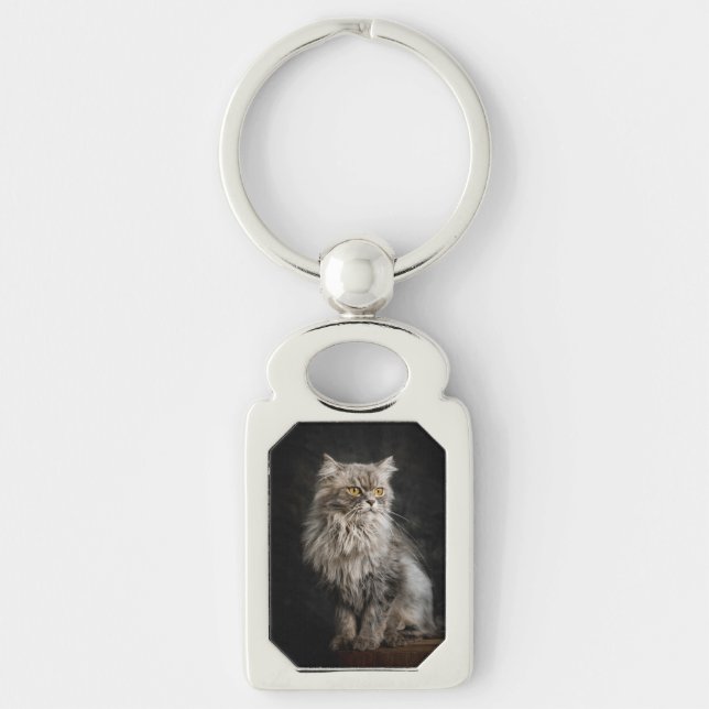 Grå Fluffig Katt  Rektangulärt Silverfärgad Nyckelring (Framsidan)