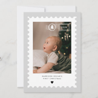 Grå frimärksbabyens första julfoto julkort