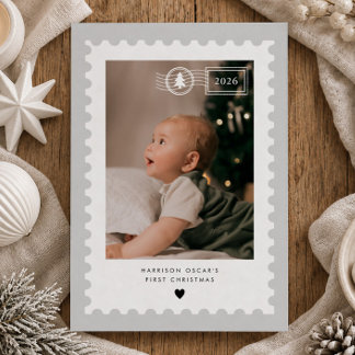 Grå frimärksbabyens första julfoto julkort
