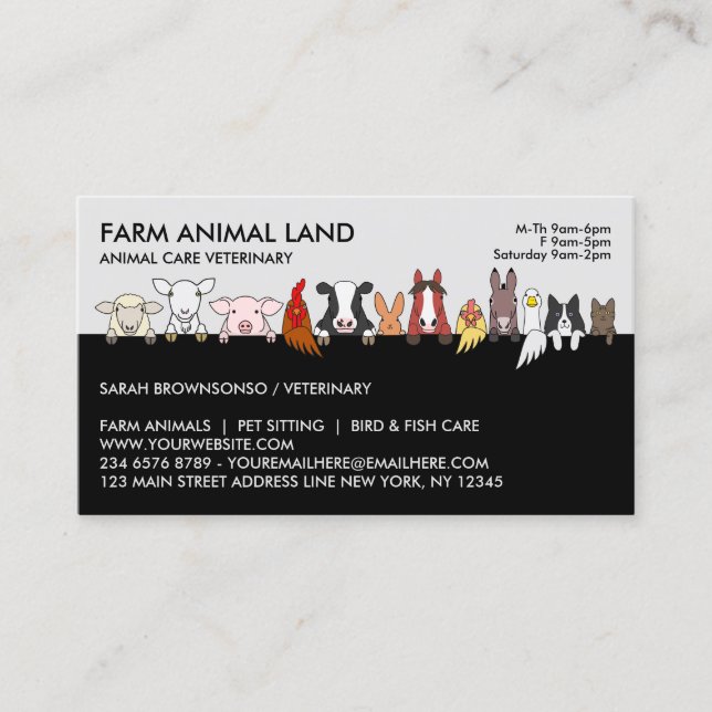 Grå gårdsdjur tidbokning besök veterinär visitkort (Framsida)