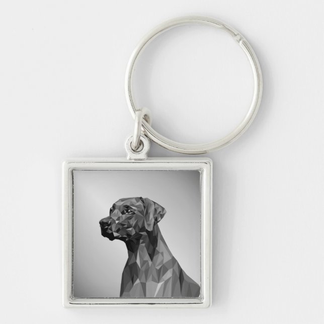 Grå geometrisk hund  fyrkantig silverfärgad nyckelring (Framsidan)