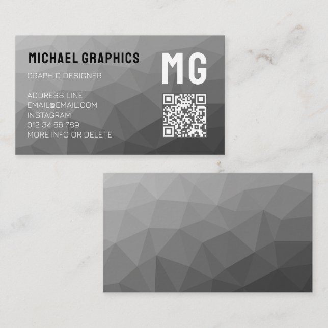 Grå geometrisk mesh-mönster QR-kod Monogram Visitkort (Fram/baksida)