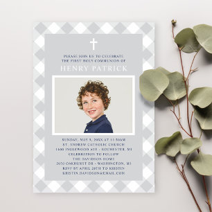 Grå Gingham Karo Första Nattvarden Pojke Foto Inbjudningar