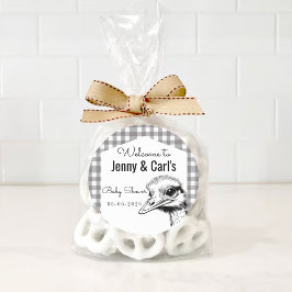 Grå Gingham Struts Söt Bebis Baby shower Runt Klistermärke