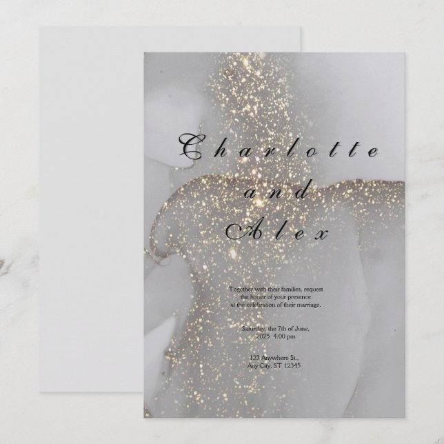 Grå Glitter Elegant Bläck Bröllopsinbjudan Inbjudningar (Fram/baksida)