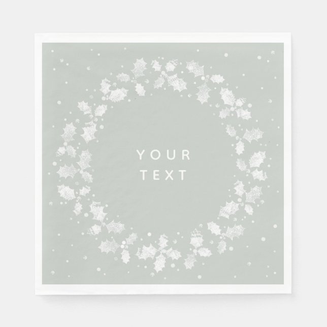 Grå grön handtryckt julkrans jul pappersservett (Framsidan)