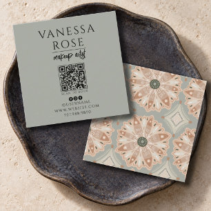 Grå Grön Korall Blommig Skönhet QR-kod Fyrkantigt Visitkort