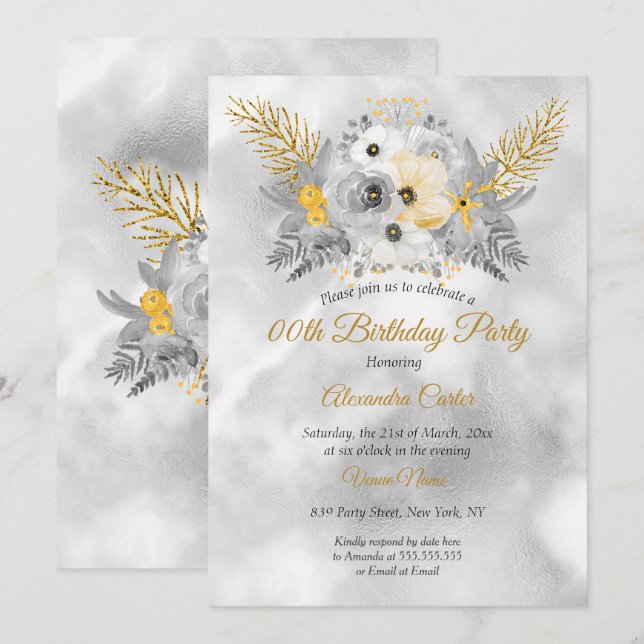 Grå Gul Guld Gul Blommig Bukett Födelsedagsfest Inbjudningar (Fram/baksida)