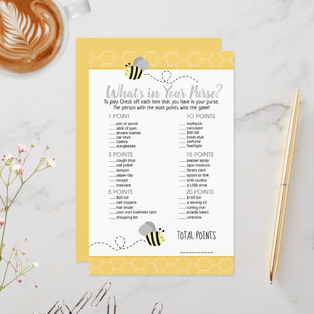 Grå Gul Humla Vad Har Du I Din Handväska Lek (What's in your purse baby shower game - Bumble Bees)