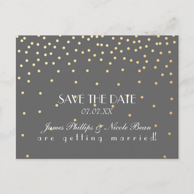 Grå & Guld Folie Prickar Save The Date Postkort Meddelande Vykort (Framsida)