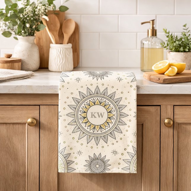 Grå Guld Mandala Mönster Monogram Kökshandduk (Skapare uppladdad)