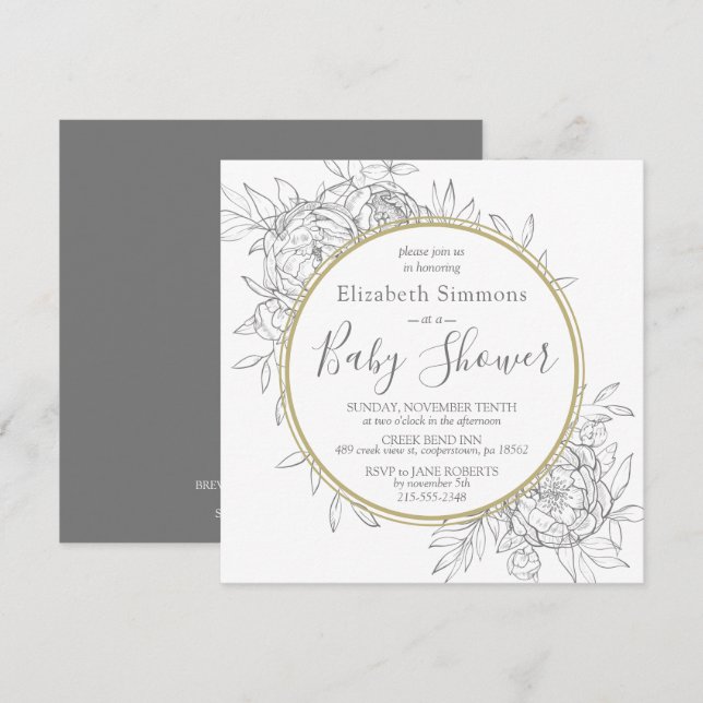 Grå & Guld Peony Modern Blommig Toile Bebis Shower Inbjudningar (Fram/baksida)