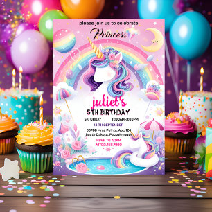 Grå, gullig lila rosa Unicorn 1:a födelsedag Inbjudningar